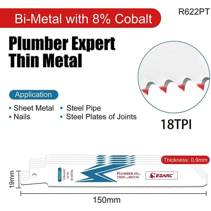 EZARC 6" 18 TPI Bi-Metal Reciprocating Saw Blade for Thin Metal